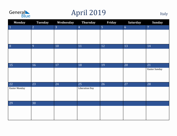 April 2019 Italy Calendar (Monday Start)