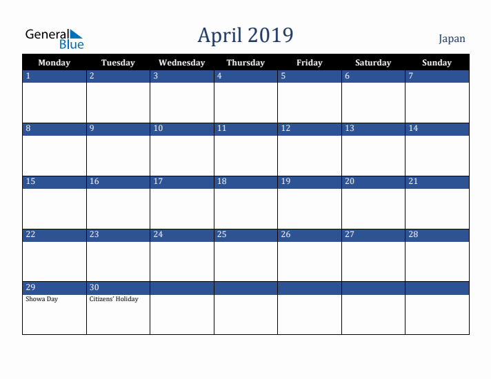 April 2019 Japan Calendar (Monday Start)