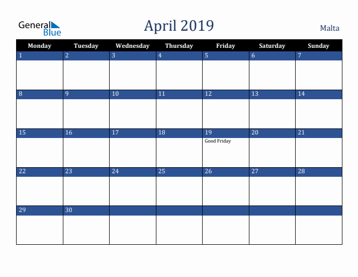 April 2019 Malta Calendar (Monday Start)
