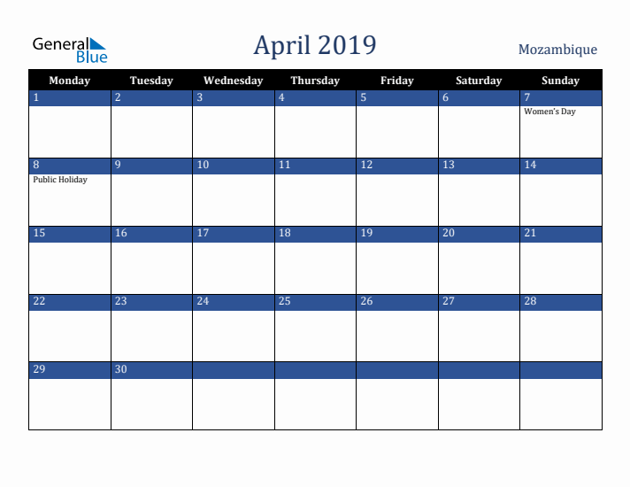 April 2019 Mozambique Calendar (Monday Start)