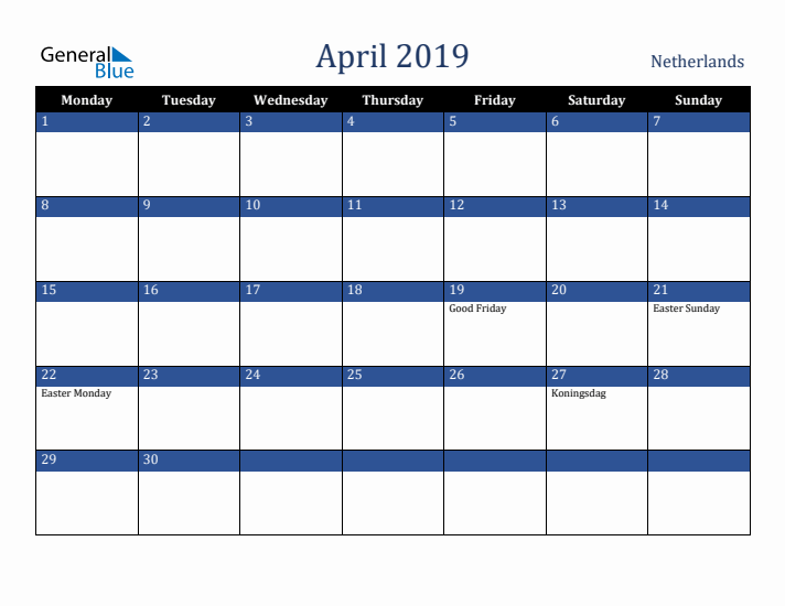 April 2019 The Netherlands Calendar (Monday Start)