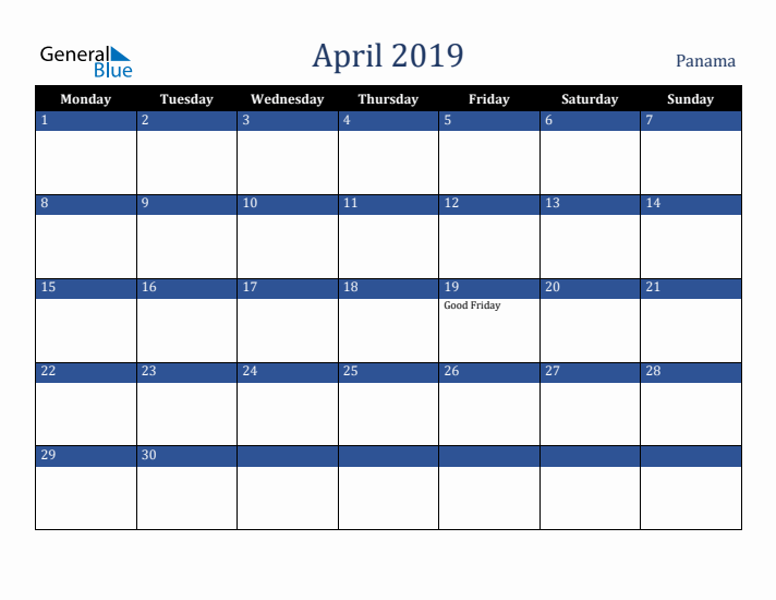 April 2019 Panama Calendar (Monday Start)