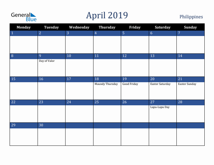 April 2019 Philippines Calendar (Monday Start)
