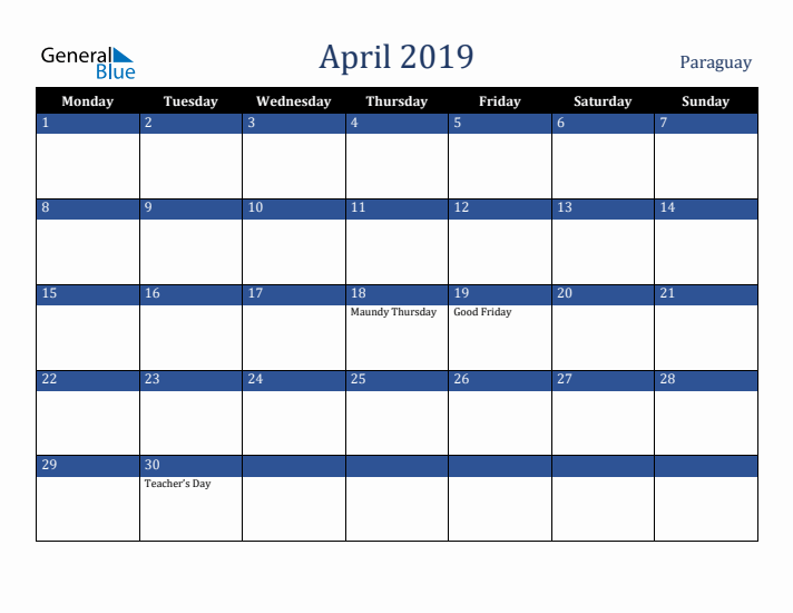 April 2019 Paraguay Calendar (Monday Start)
