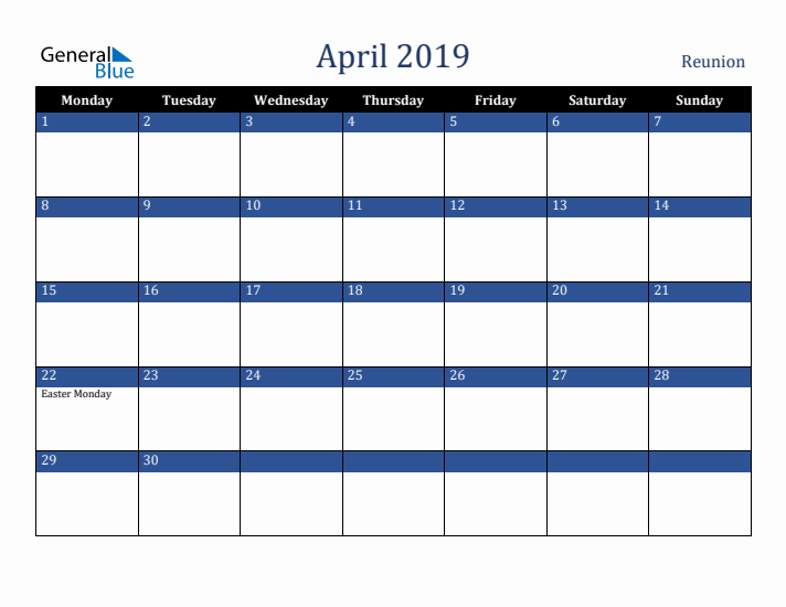 April 2019 Reunion Calendar (Monday Start)