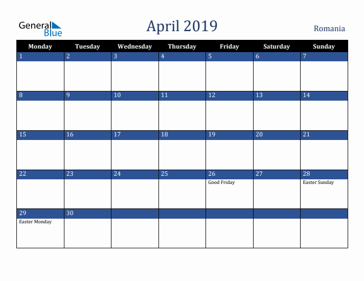 April 2019 Romania Calendar (Monday Start)