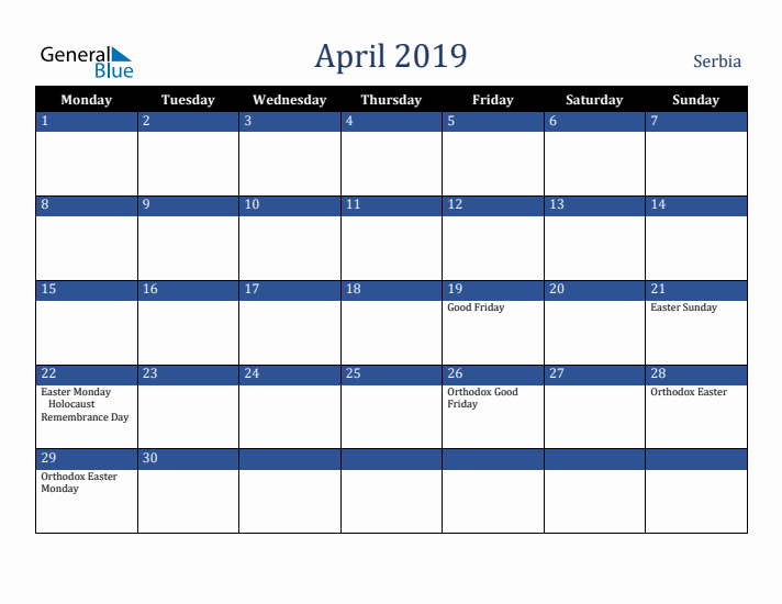 April 2019 Serbia Calendar (Monday Start)