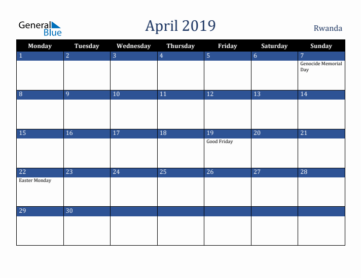April 2019 Rwanda Calendar (Monday Start)