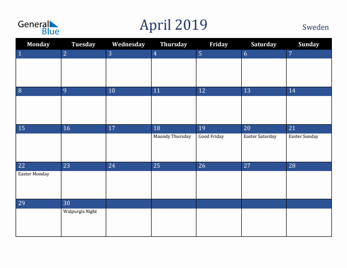 April 2019 Sweden Calendar (Monday Start)
