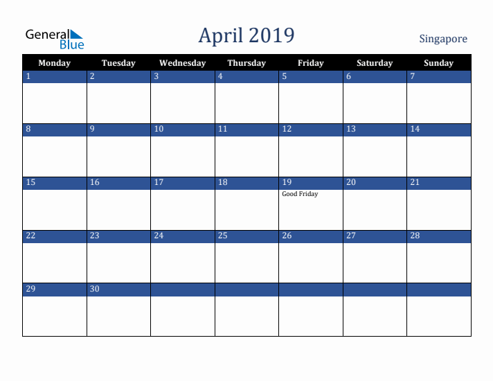 April 2019 Singapore Calendar (Monday Start)