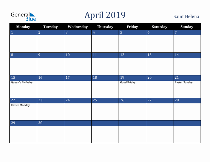 April 2019 Saint Helena Calendar (Monday Start)