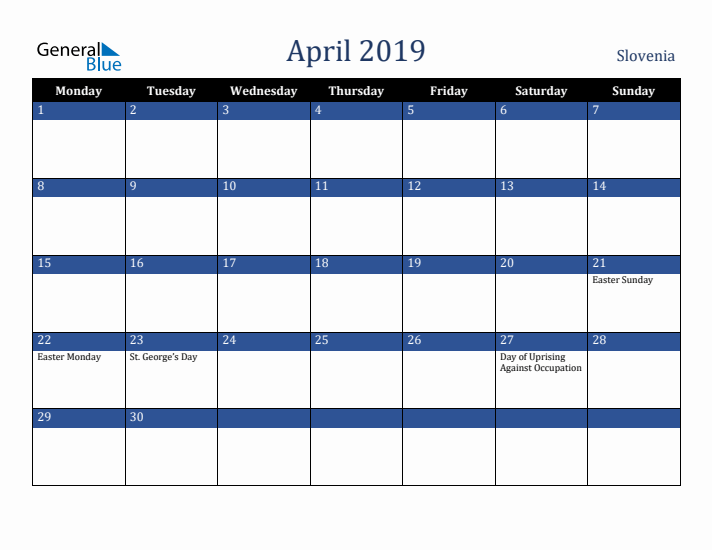 April 2019 Slovenia Calendar (Monday Start)