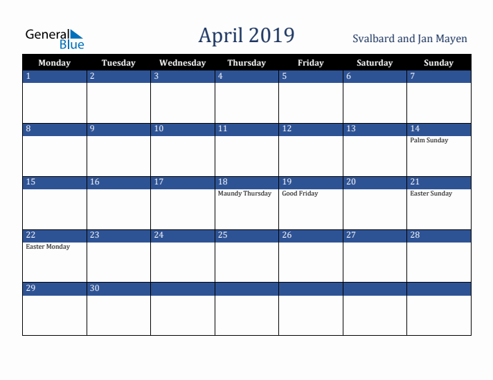 April 2019 Svalbard and Jan Mayen Calendar (Monday Start)