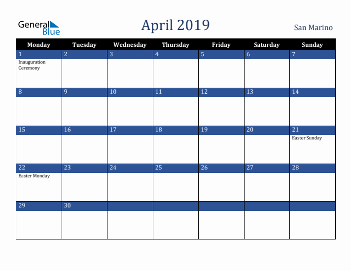 April 2019 San Marino Calendar (Monday Start)