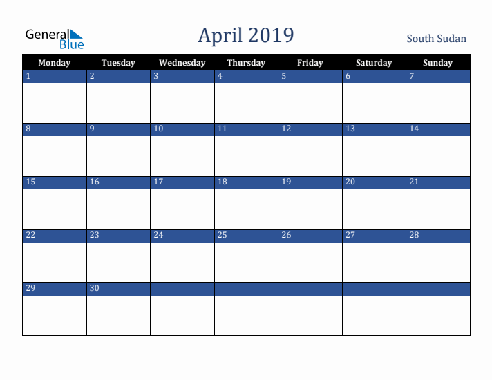 April 2019 South Sudan Calendar (Monday Start)