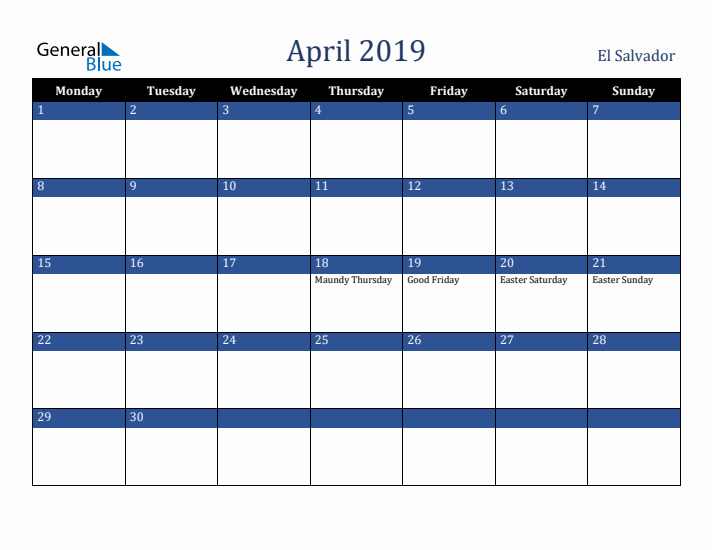 April 2019 El Salvador Calendar (Monday Start)