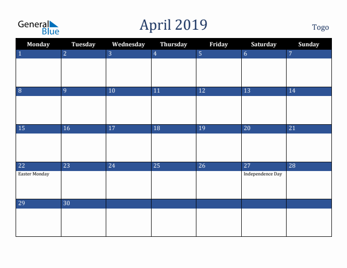 April 2019 Togo Calendar (Monday Start)