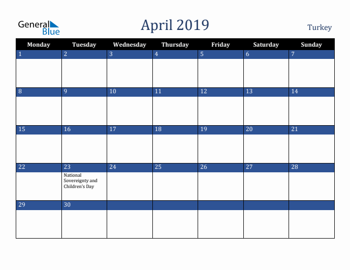 April 2019 Turkey Calendar (Monday Start)