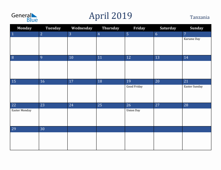 April 2019 Tanzania Calendar (Monday Start)