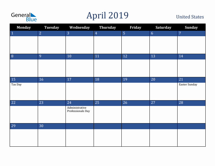 April 2019 United States Calendar (Monday Start)