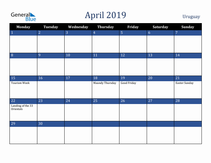 April 2019 Uruguay Calendar (Monday Start)