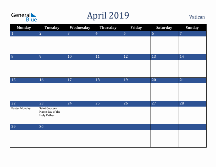 April 2019 Vatican Calendar (Monday Start)