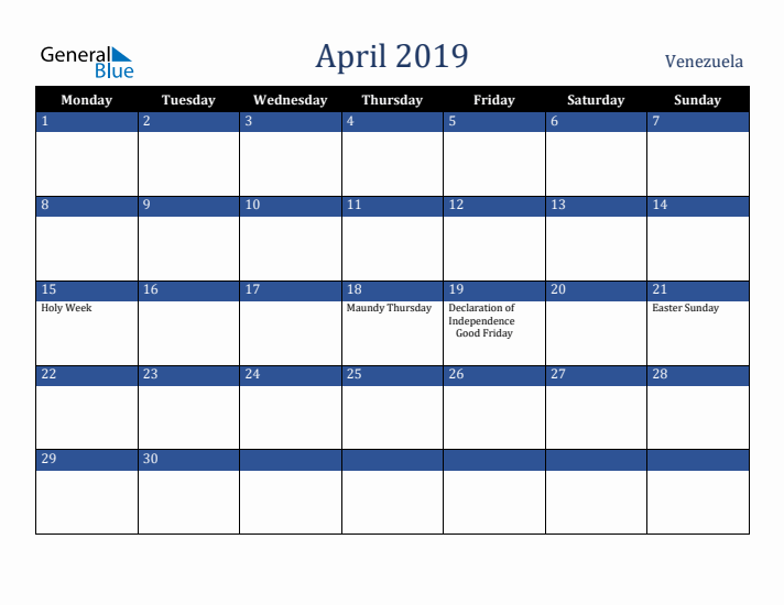 April 2019 Venezuela Calendar (Monday Start)