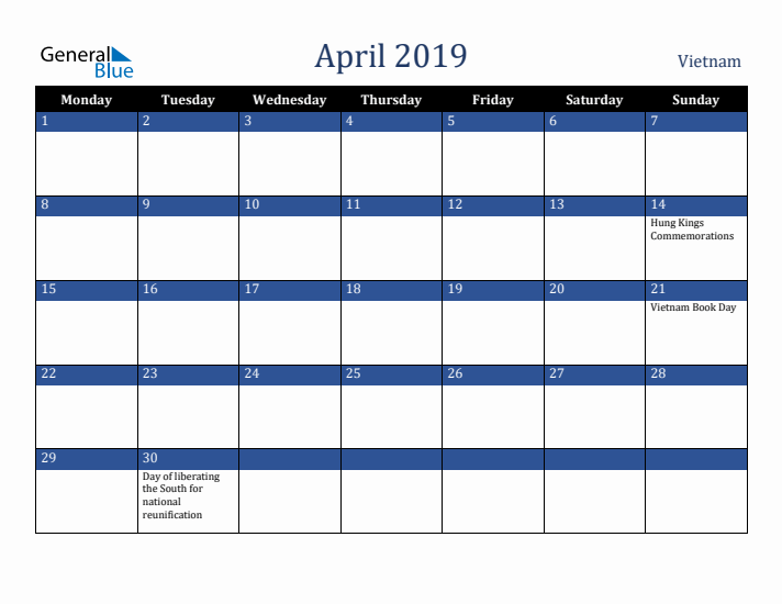 April 2019 Vietnam Calendar (Monday Start)