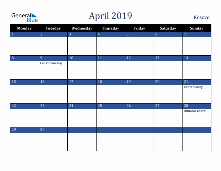 April 2019 Kosovo Calendar (Monday Start)
