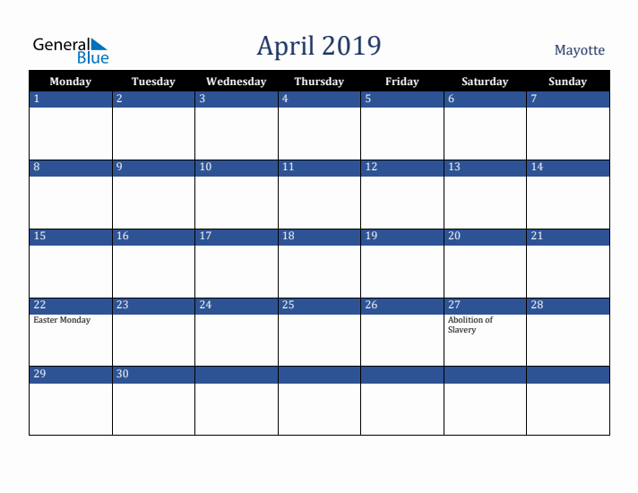 April 2019 Mayotte Calendar (Monday Start)