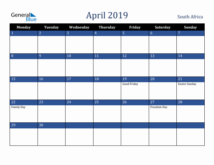 April 2019 South Africa Calendar (Monday Start)