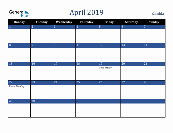 April 2019 Zambia Calendar (Monday Start)