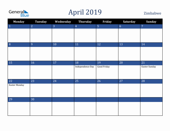 April 2019 Zimbabwe Calendar (Monday Start)