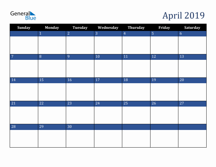 Sunday Start Calendar for April 2019