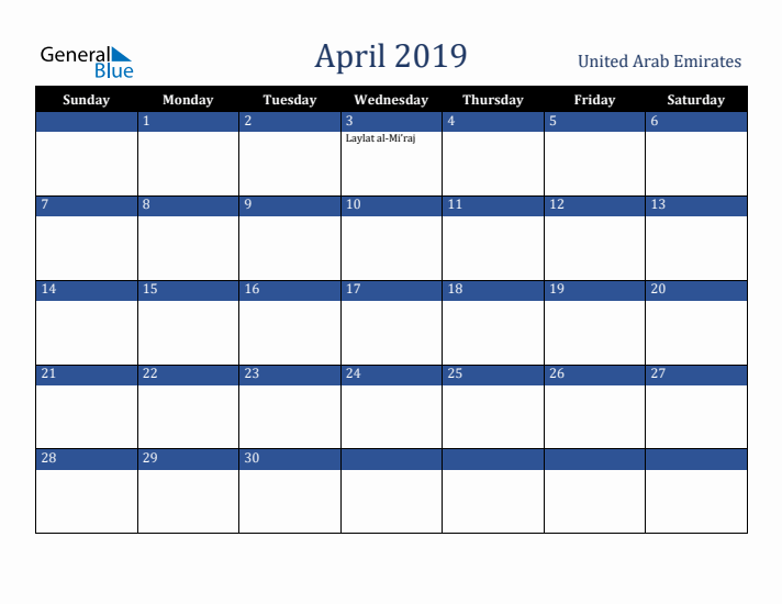 April 2019 United Arab Emirates Calendar (Sunday Start)