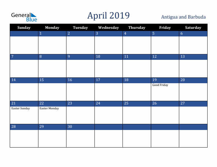 April 2019 Antigua and Barbuda Calendar (Sunday Start)