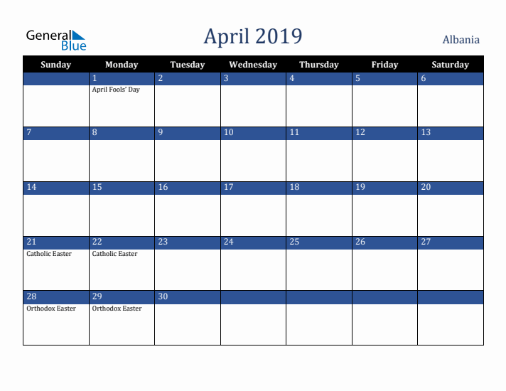 April 2019 Albania Calendar (Sunday Start)