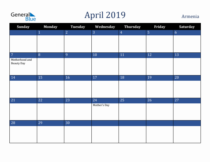 April 2019 Armenia Calendar (Sunday Start)
