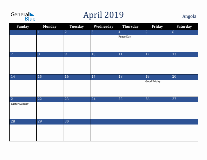 April 2019 Angola Calendar (Sunday Start)