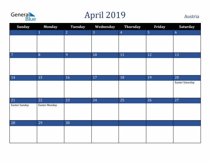 April 2019 Austria Calendar (Sunday Start)