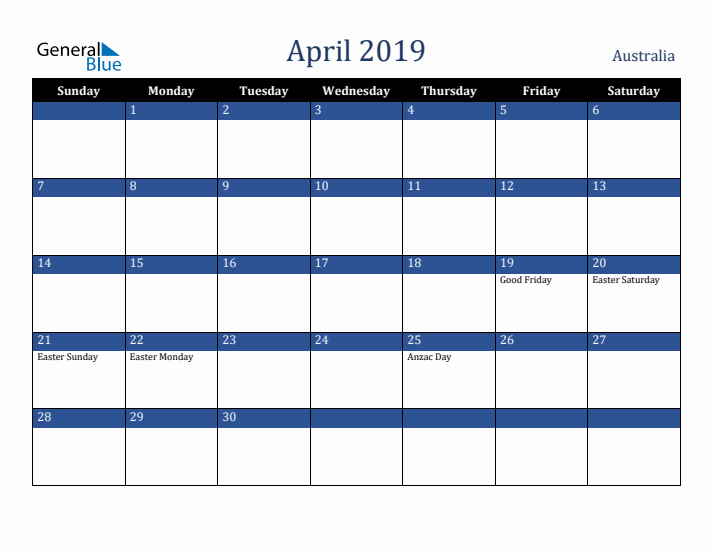 April 2019 Australia Calendar (Sunday Start)