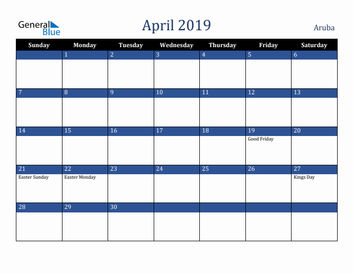 April 2019 Aruba Calendar (Sunday Start)