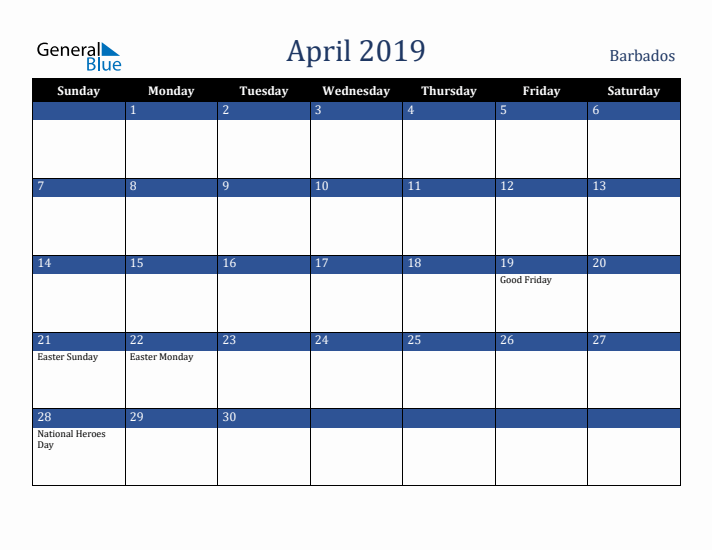 April 2019 Barbados Calendar (Sunday Start)