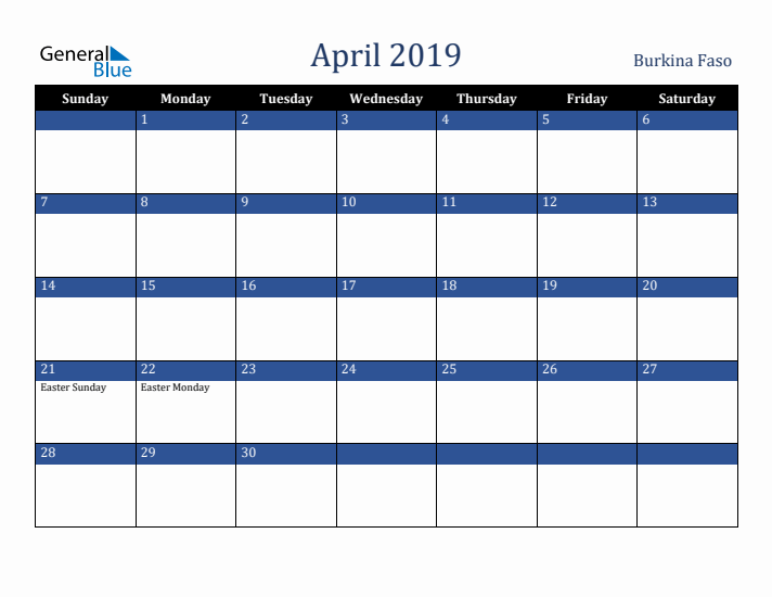 April 2019 Burkina Faso Calendar (Sunday Start)