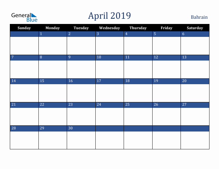 April 2019 Bahrain Calendar (Sunday Start)