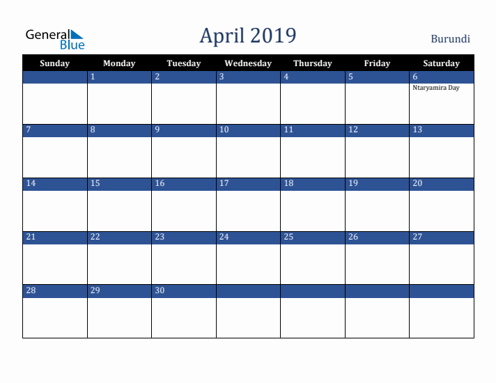April 2019 Burundi Calendar (Sunday Start)