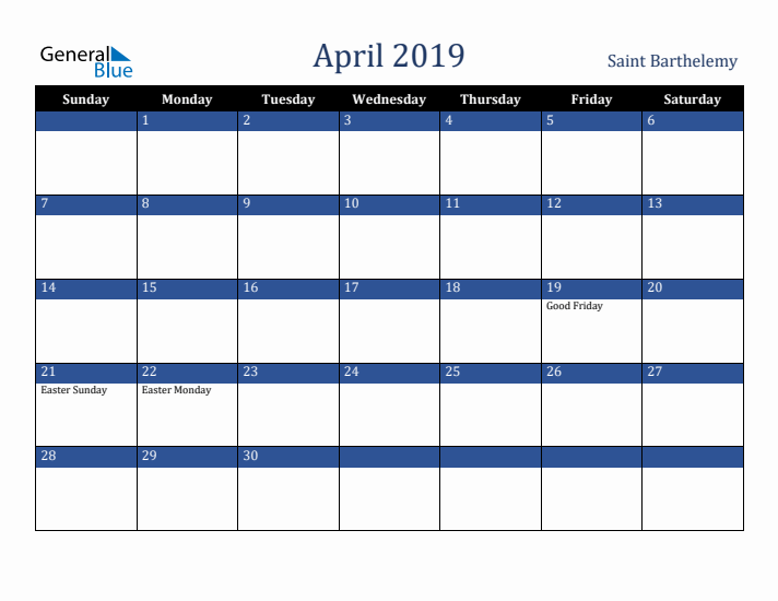 April 2019 Saint Barthelemy Calendar (Sunday Start)