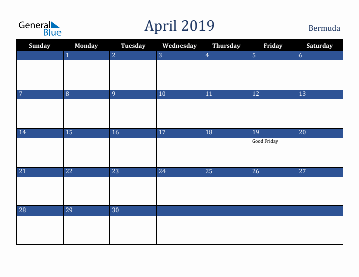 April 2019 Bermuda Calendar (Sunday Start)