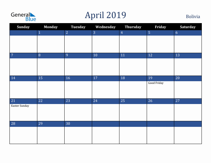 April 2019 Bolivia Calendar (Sunday Start)