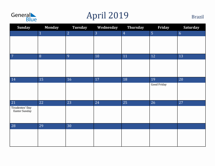 April 2019 Brazil Calendar (Sunday Start)